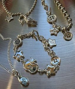 Punk Star Charm Silver Chain Bracelet, Apple Charm Button Bracelet, Grunge Y2K Bracelet, 90s Silver Chain Jewelry, Unique Bracelet Gift