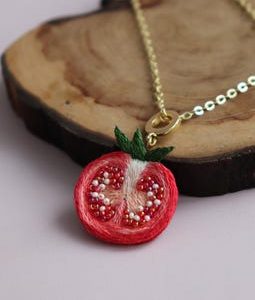 Handmade tomato pendant necklace, embroidered vegetable charm, unique foodie statement necklace, quirky kitchen garden jewelry