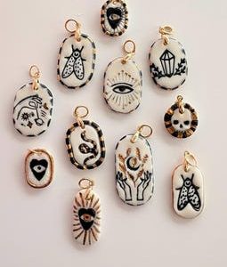 Handmade Ceramic Mystical Charms Black White, Symbolic Jewelry Charms, Journal Charm Pendant
