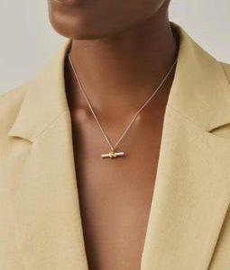 18k Gold Vermeil T-Bar Knot Pendant Necklace | Sculptural Two-Tone Mixed Metal Minimalist Layering Jewelry | Adjustable Curb Chain Necklace