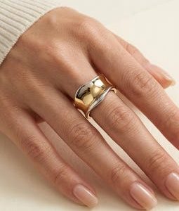 925 Sterling Silver Ring, Sculptural Two Tone Chunky Adjustable Statement Ring
