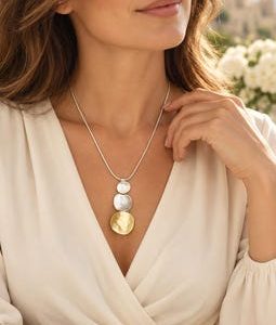 Sterling Silver Mixed Metal Disc Statement Necklace | Gold Silver tone Pendant